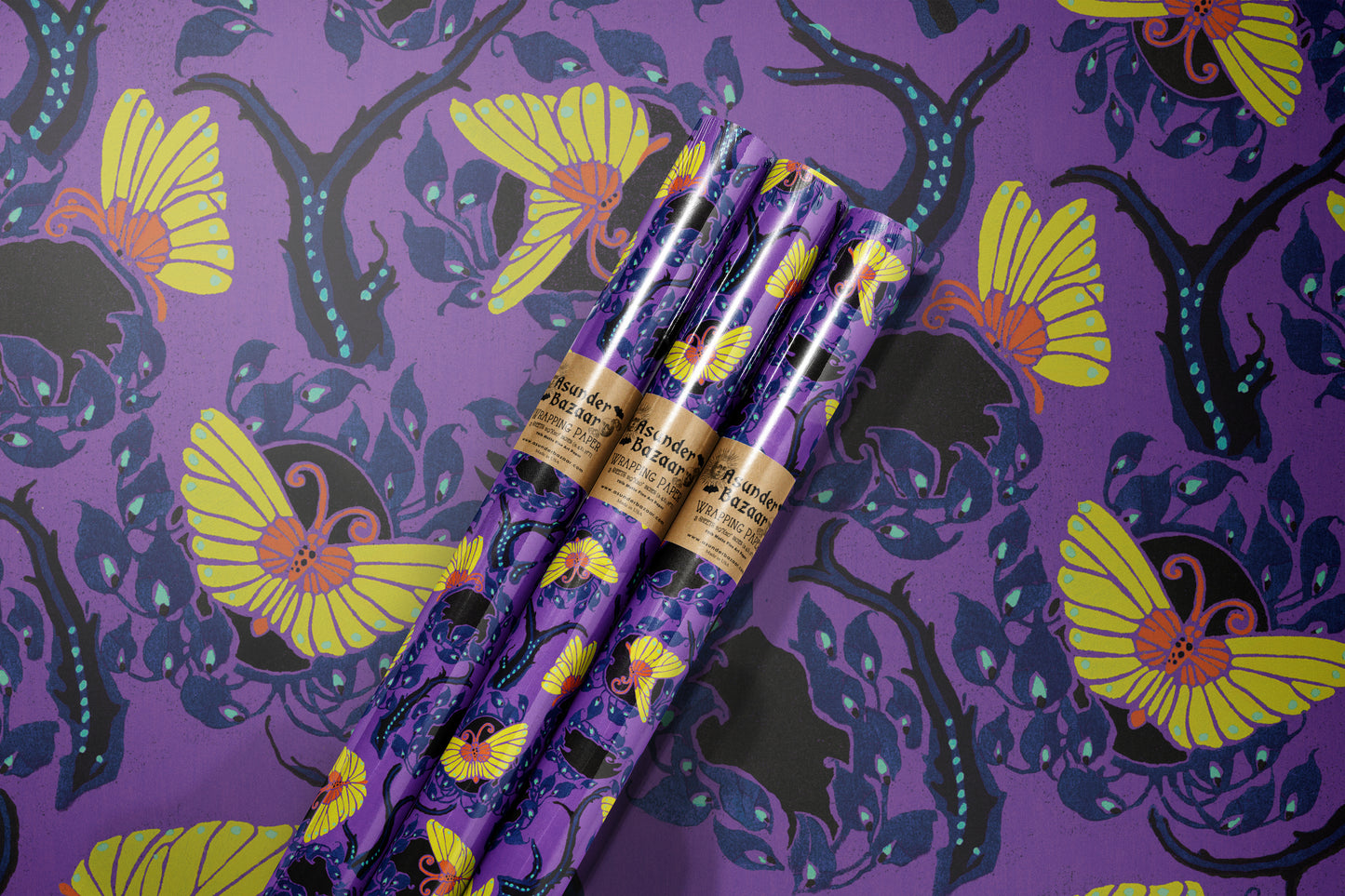 Twilight Butterflies Purple Art Deco Wrapping Paper 3 Sheet Roll