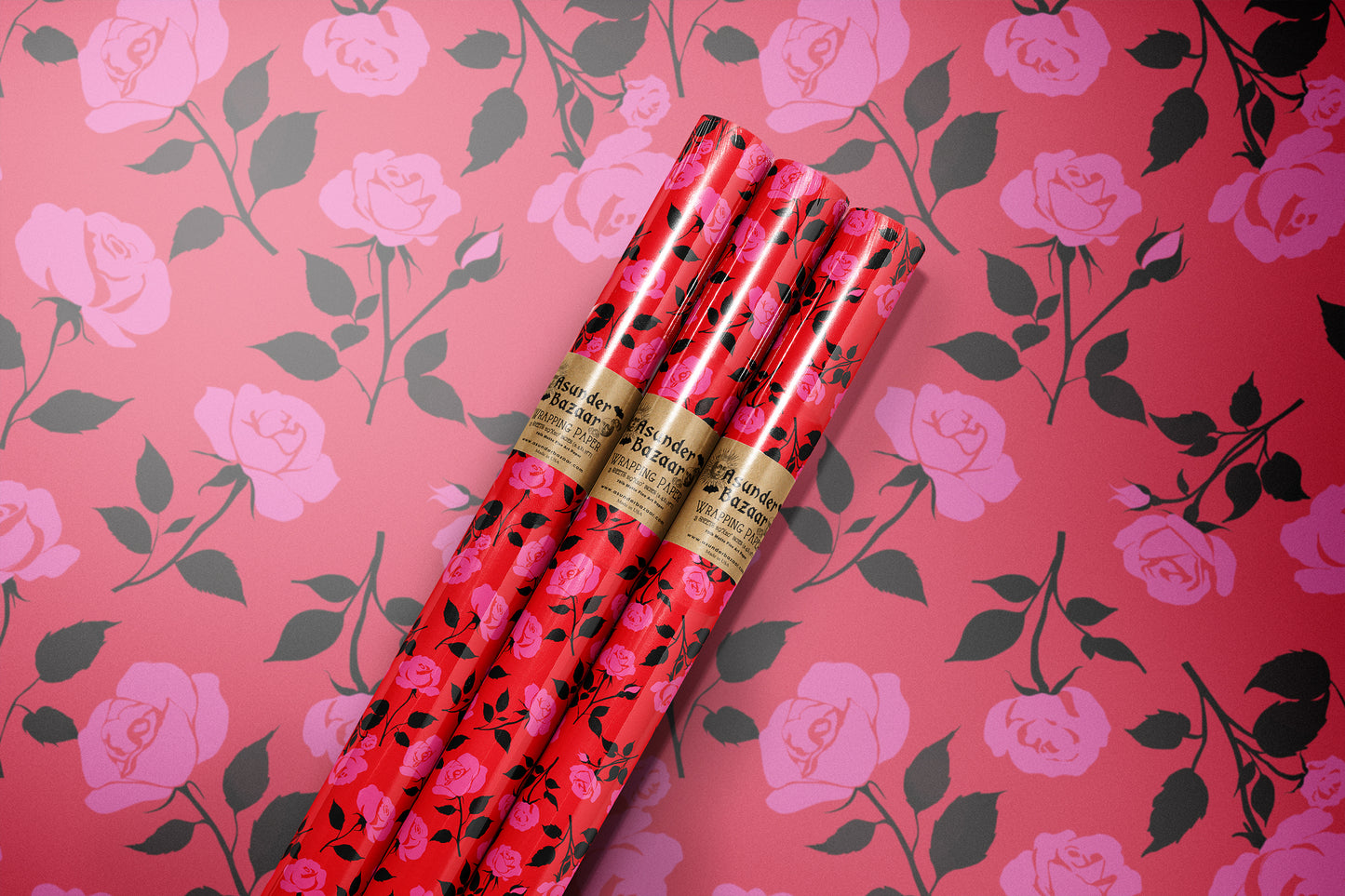 Red Pink Roses Wrapping Paper 3 Sheet Roll