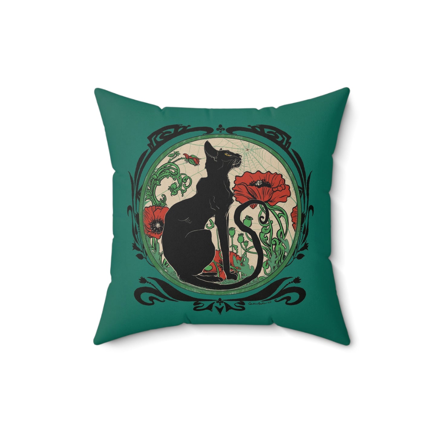 Chat Noir with Poppies on Teal Square Pillow