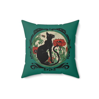 Chat Noir with Poppies on Teal Square Pillow