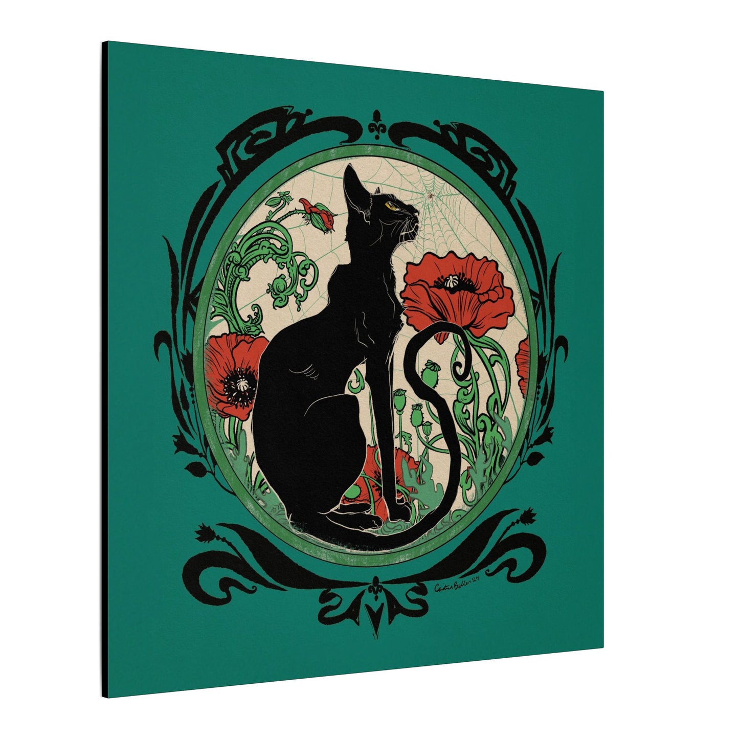 Chat Noir with Poppies Stretched Square Canvas Print, Wrapped Wall Art with Hardware 0.75" depth