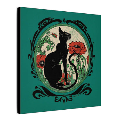 Chat Noir with Poppies Stretched Square Canvas Print, Wrapped Wall Art with Hardware 0.75" depth