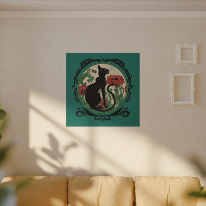 Chat Noir with Poppies Stretched Square Canvas Print, Wrapped Wall Art with Hardware 0.75" depth