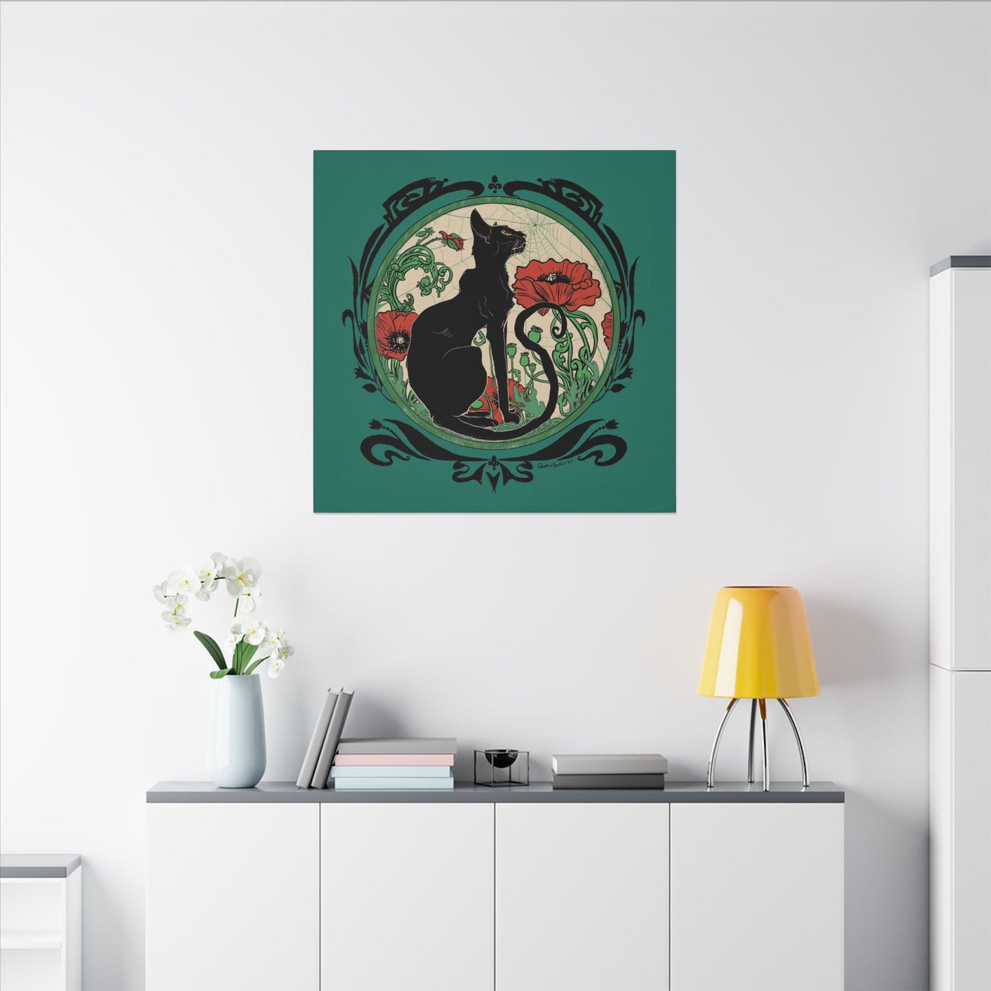 Chat Noir with Poppies Stretched Square Canvas Print, Wrapped Wall Art with Hardware 0.75" depth