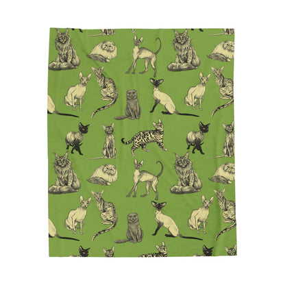 Illustrated Cat Breeds Green Velveteen Plush Blanket