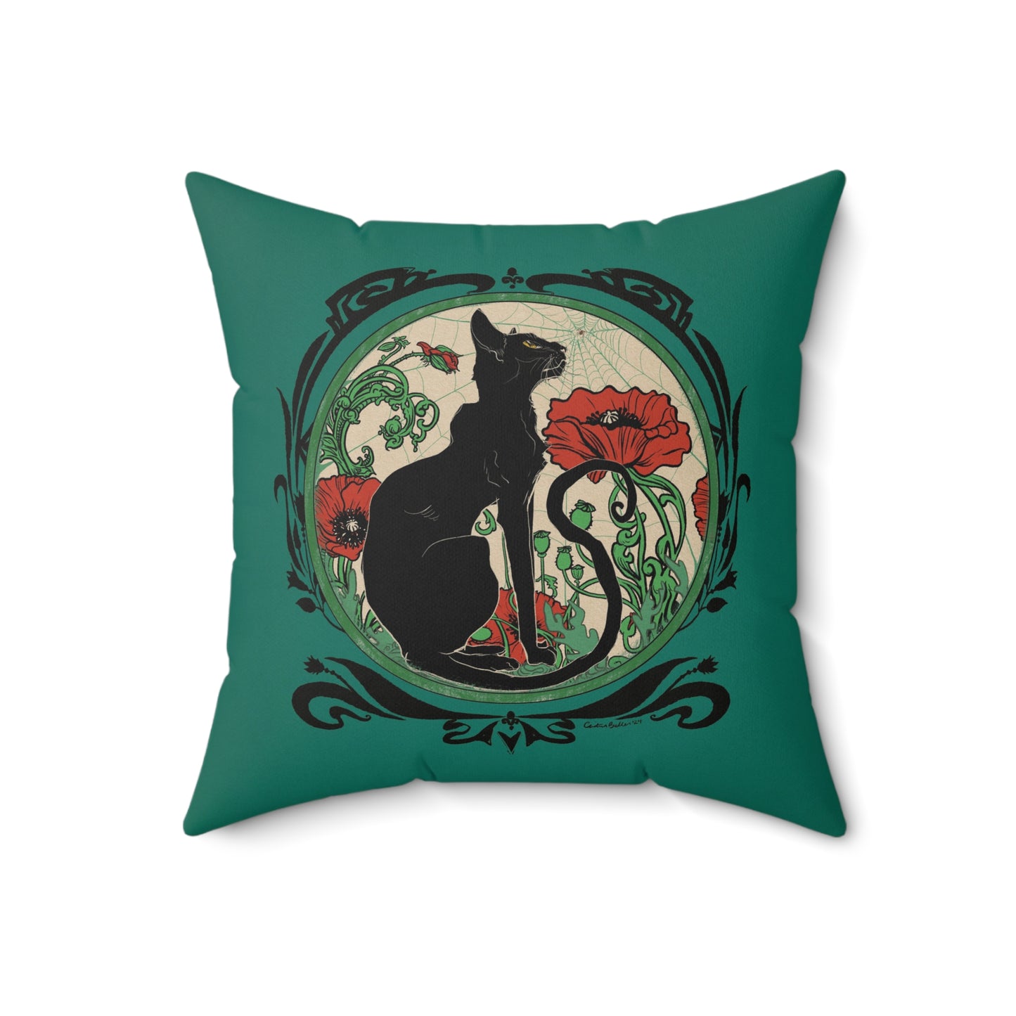 Chat Noir with Poppies on Teal Square Pillow