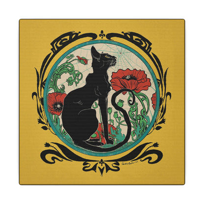 Chat Noir with Poppies Yellow Stretched Square Canvas Print, Wrapped Wall Art with Hardware 0.75" depth
