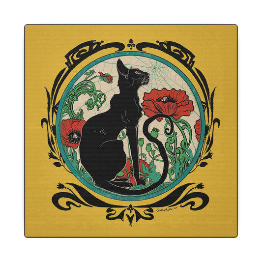 Chat Noir with Poppies Yellow Stretched Square Canvas Print, Wrapped Wall Art with Hardware 0.75" depth