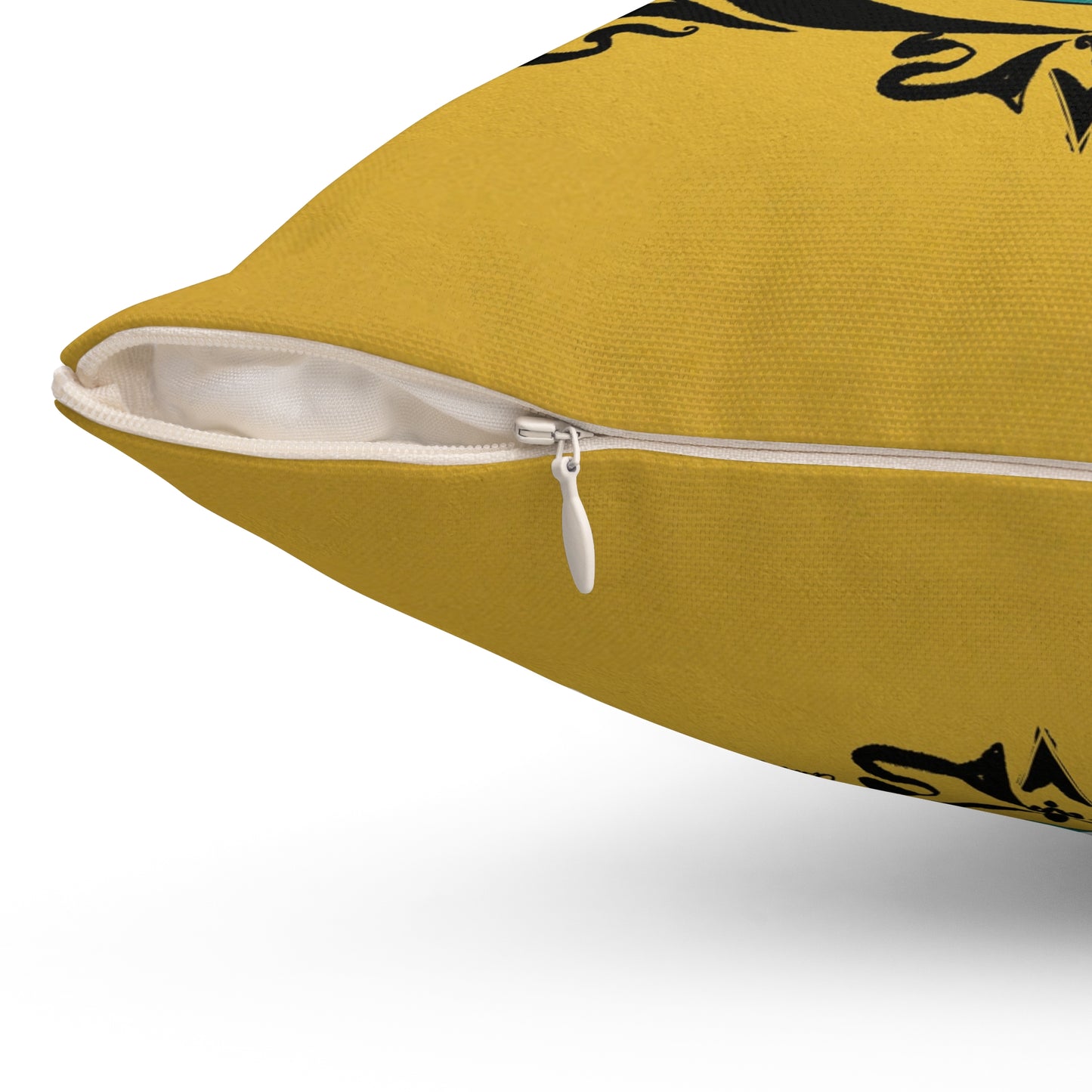 Chat Noir with Poppies on Yellow Square Pillow