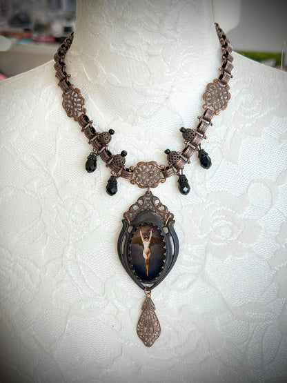 RESERVED for Jena - Art Nouveau Bat Woman Copper Assemblage Necklace