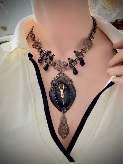 RESERVED for Jena - Art Nouveau Bat Woman Copper Assemblage Necklace