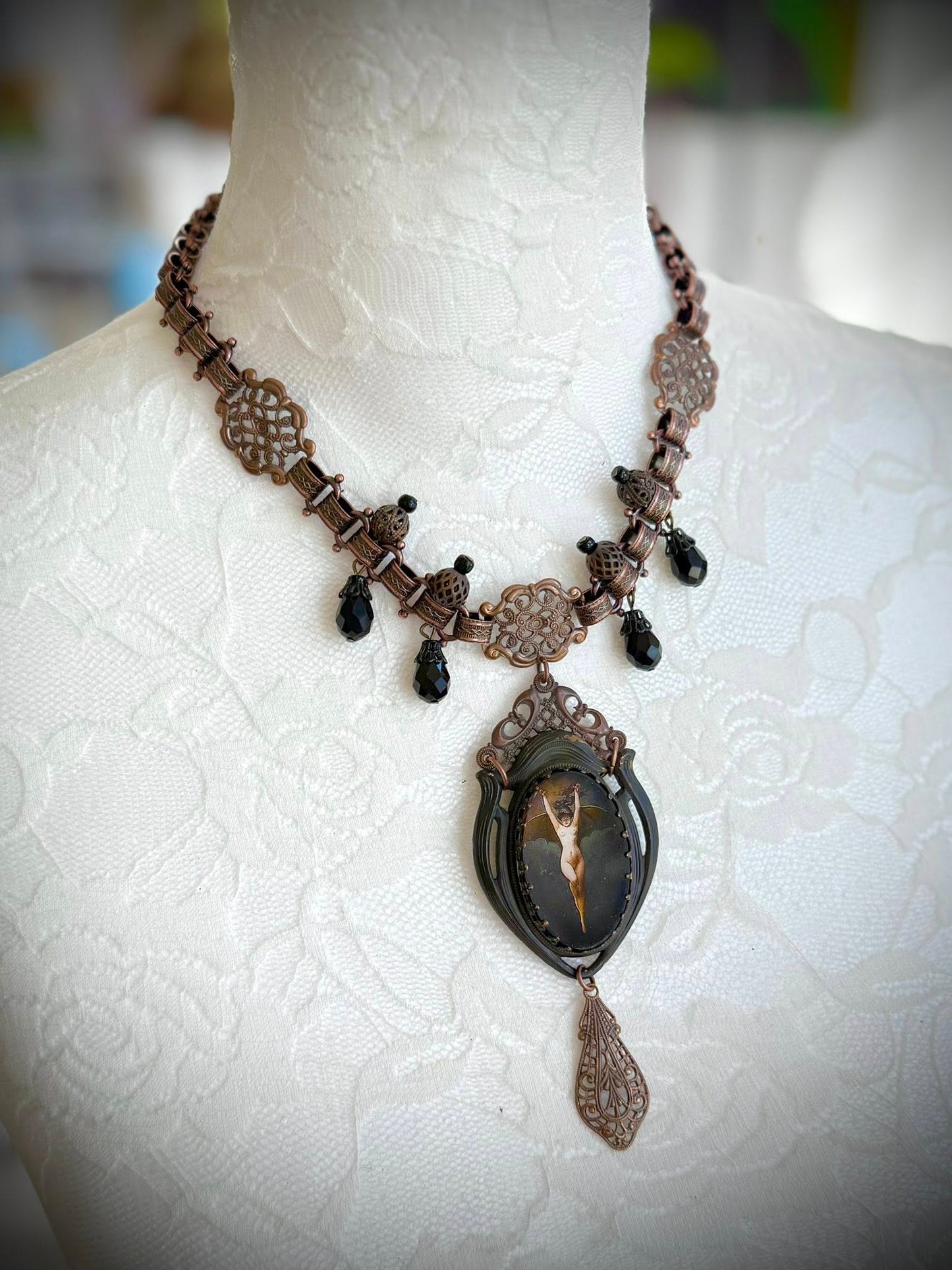 RESERVED for Jena - Art Nouveau Bat Woman Copper Assemblage Necklace