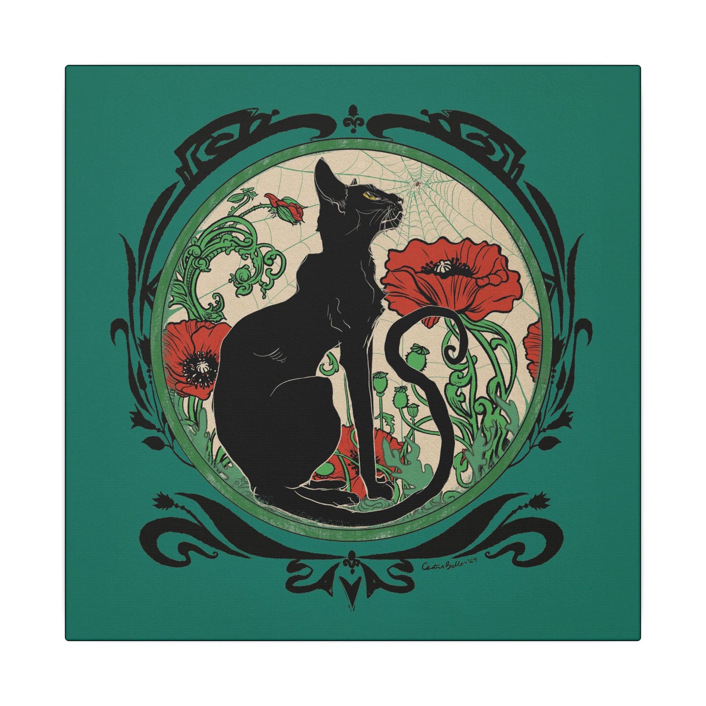 Chat Noir with Poppies Stretched Square Canvas Print, Wrapped Wall Art with Hardware 0.75" depth