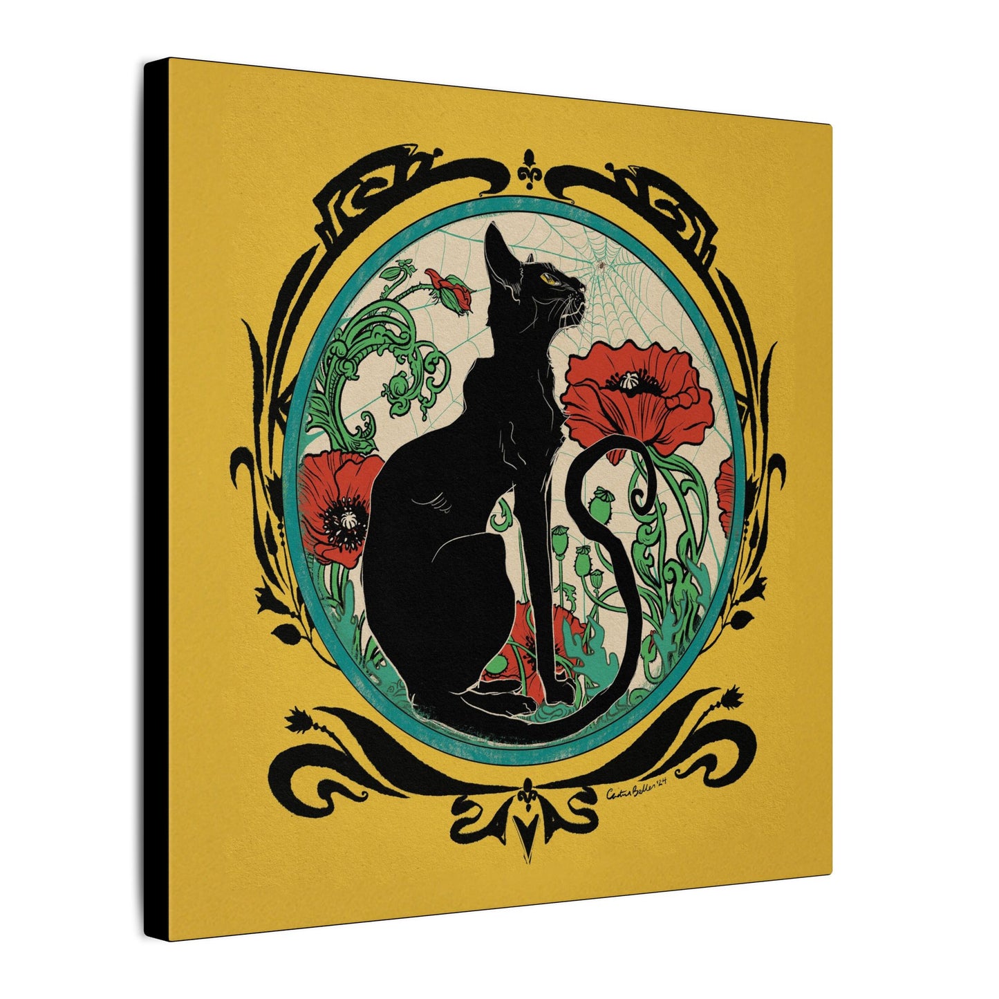 Chat Noir with Poppies Yellow Stretched Square Canvas Print, Wrapped Wall Art with Hardware 0.75" depth