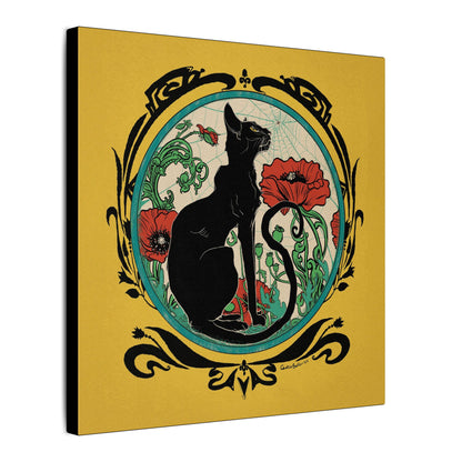 Chat Noir with Poppies Yellow Stretched Square Canvas Print, Wrapped Wall Art with Hardware 0.75" depth