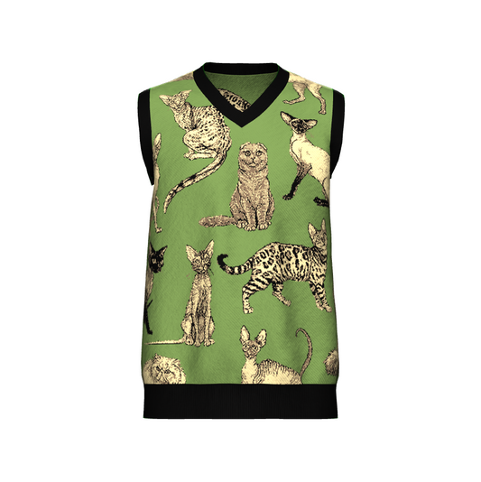 M IN STOCK AND READY TO SHIP Illustrated Cat Breeds Green V Neck Sweater Vest Unisex Vintage Graphic