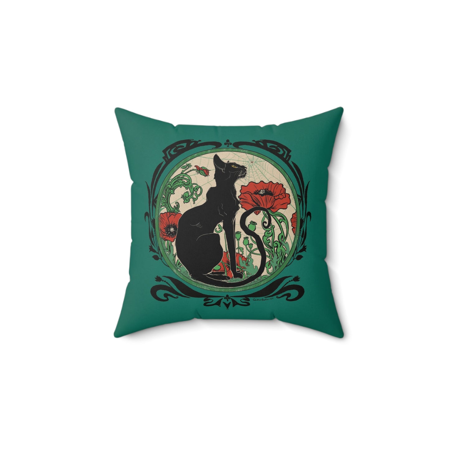 Chat Noir with Poppies on Teal Square Pillow