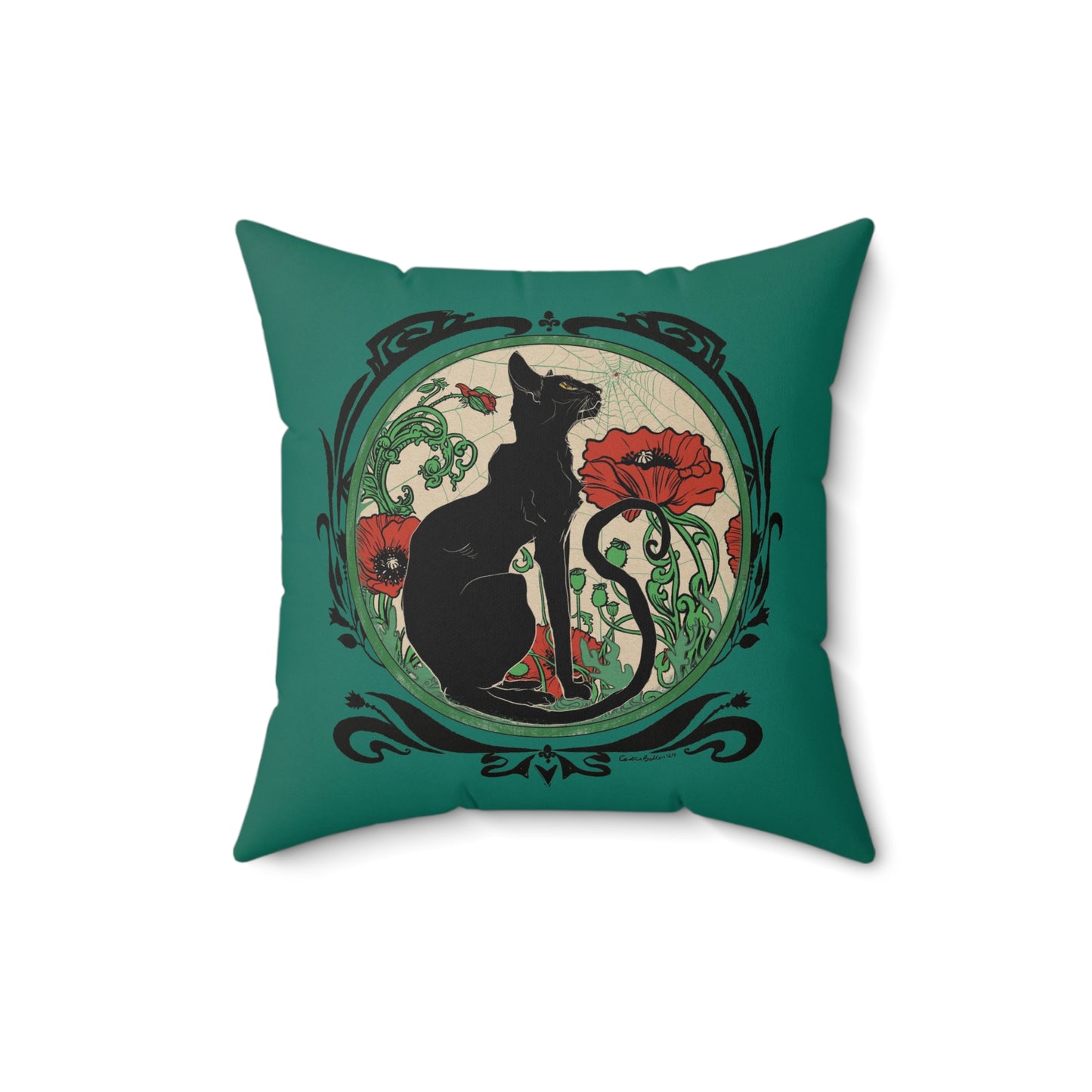 Chat Noir with Poppies on Teal Square Pillow