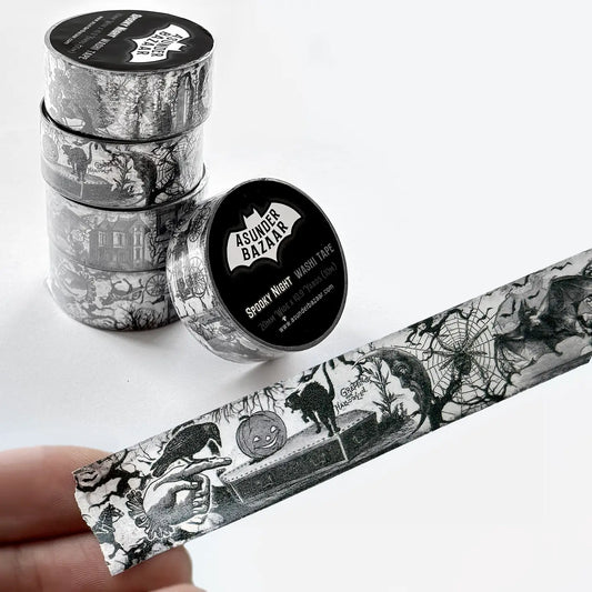 Spooky Night Halloween Washi Tape 20mm Wide by 10 meters Black and White