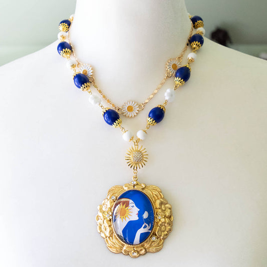 Art Deco Sunflower Lady Beaded Cameo Necklace