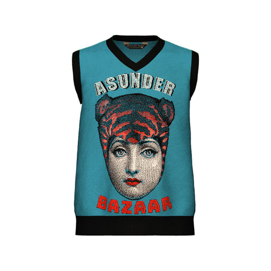 PRE-ORDER Asunder Bazaar Blue V Neck Sweater Vest Unisex Vintage Gothic Collage Graphic