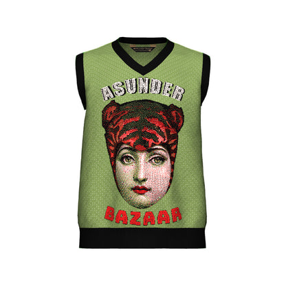 PRE-ORDER Asunder Bazaar Green V Neck Sweater Vest Unisex Vintage Gothic Collage Graphic