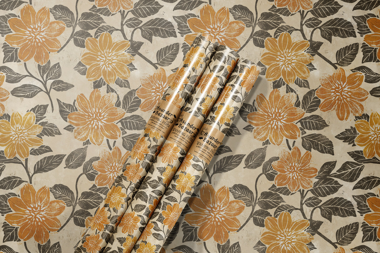Block Print Peony Flowered Dahlias Wrapping Paper 3 Sheet Roll