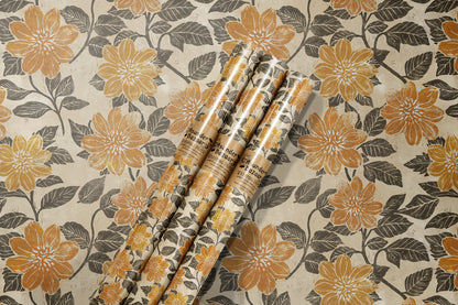 Block Print Peony Flowered Dahlias Wrapping Paper 3 Sheet Roll