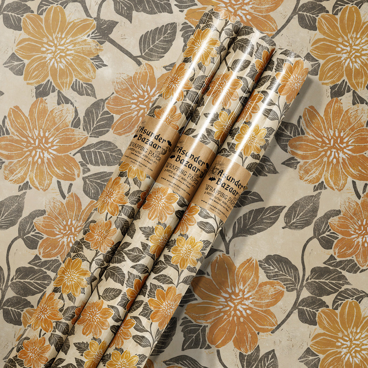 Block Print Peony Flowered Dahlias Wrapping Paper 3 Sheet Roll