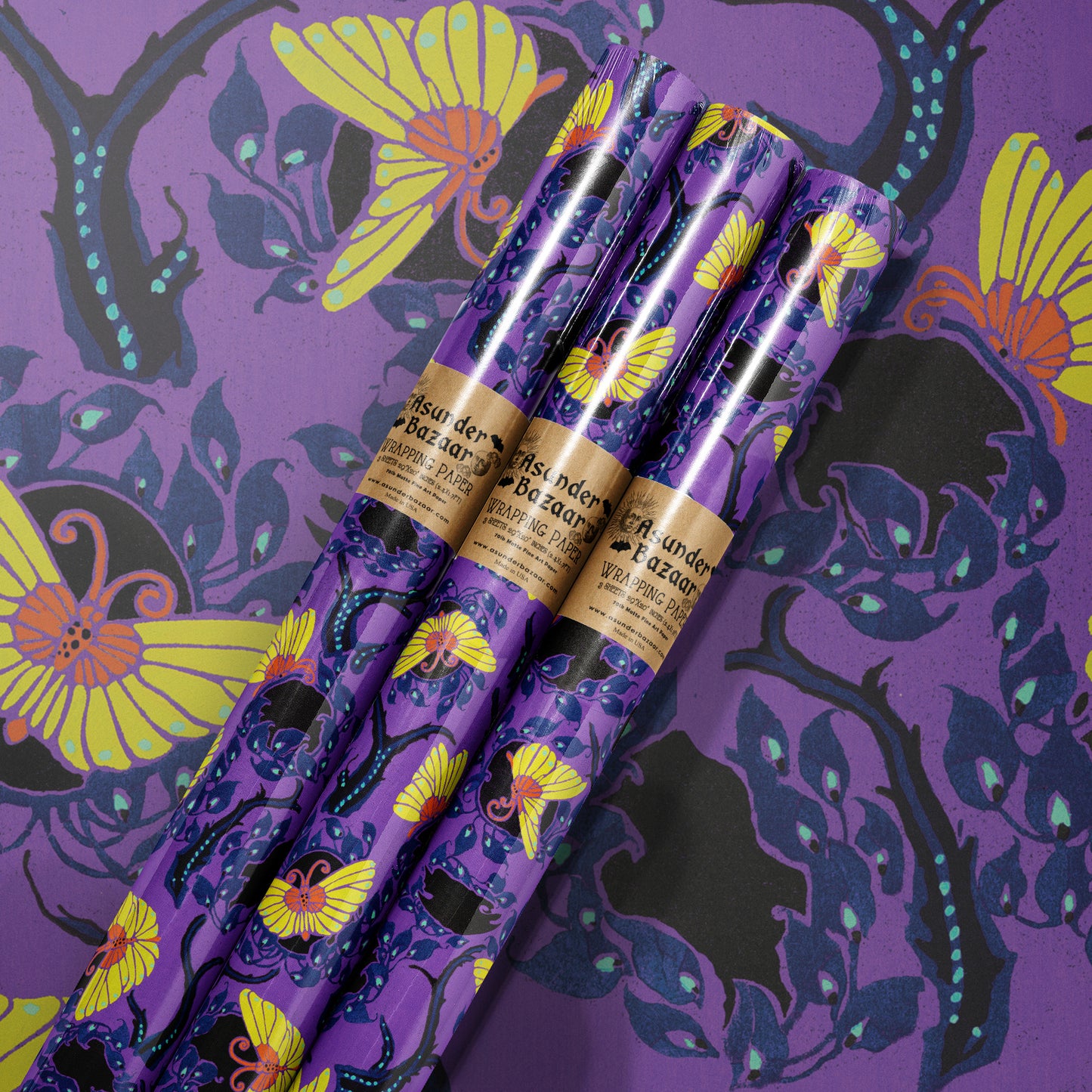 Twilight Butterflies Purple Art Deco Wrapping Paper 3 Sheet Roll