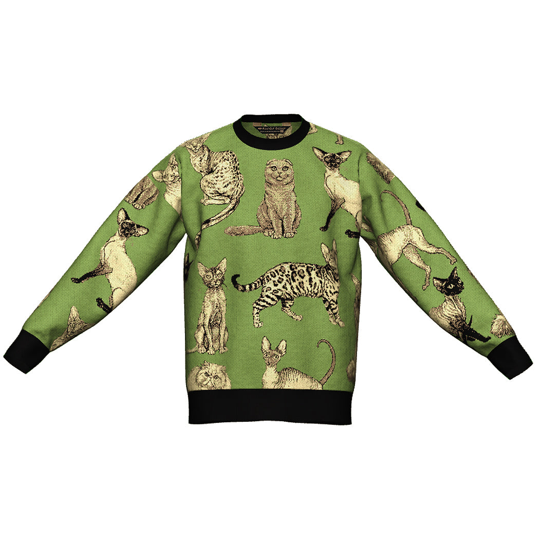 M IN STOCK AND READY TO SHIP Illustrated Cat Breeds Green Oversized CrewNeck Sweater Unisex Vintage Graphic