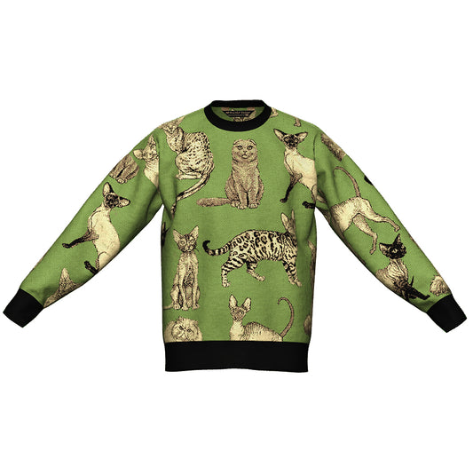 M IN STOCK AND READY TO SHIP Illustrated Cat Breeds Green Oversized CrewNeck Sweater Unisex Vintage Graphic