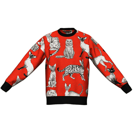 PRE-ORDER Cat Breeds Red Oversized Crewneck Sweater Unisex Relaxed Fit Graphic Pullover