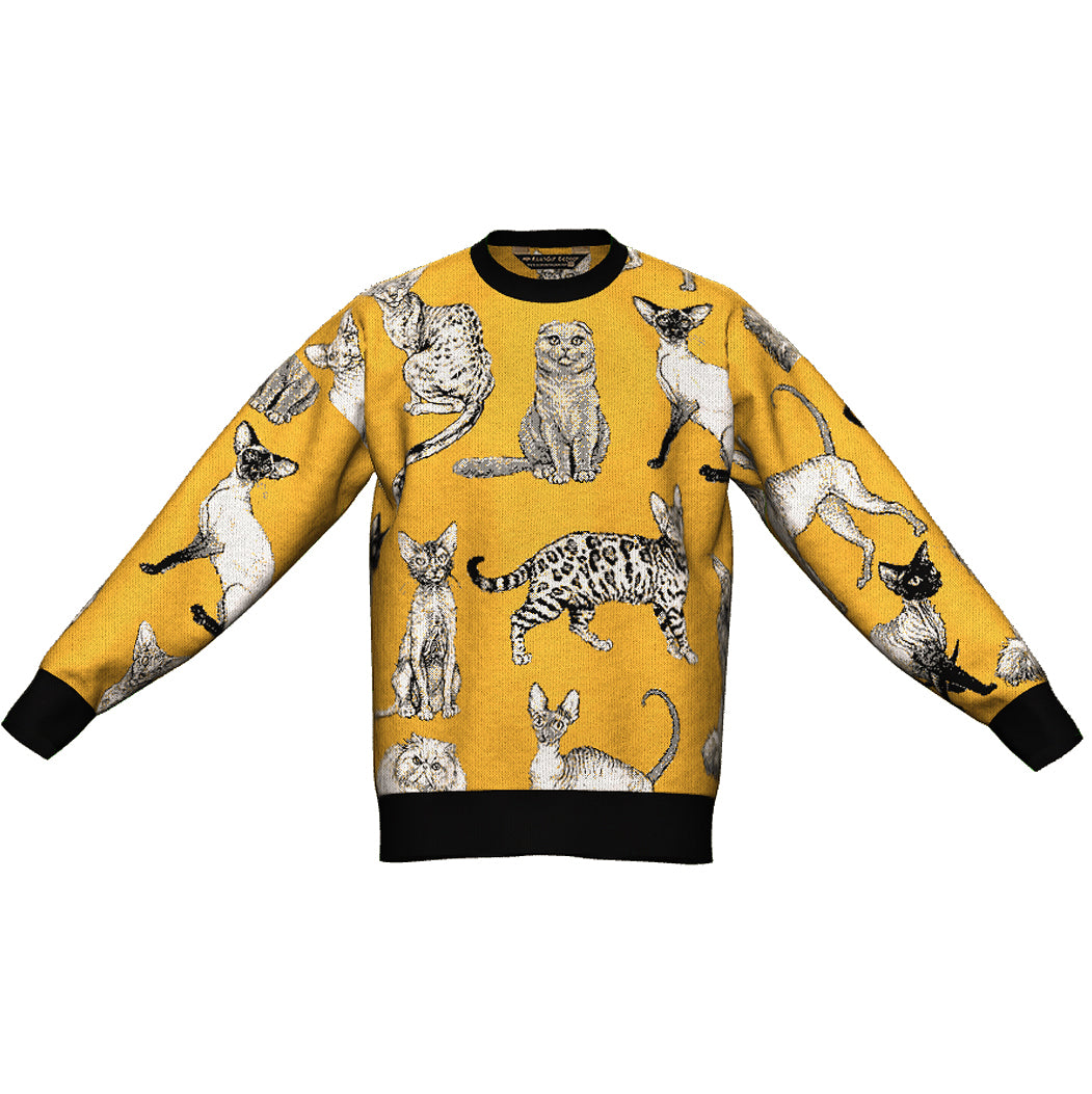 PRE-ORDER Cat Breeds Mustard Oversized Crewneck Sweater Unisex Relaxed Fit Graphic Pullover