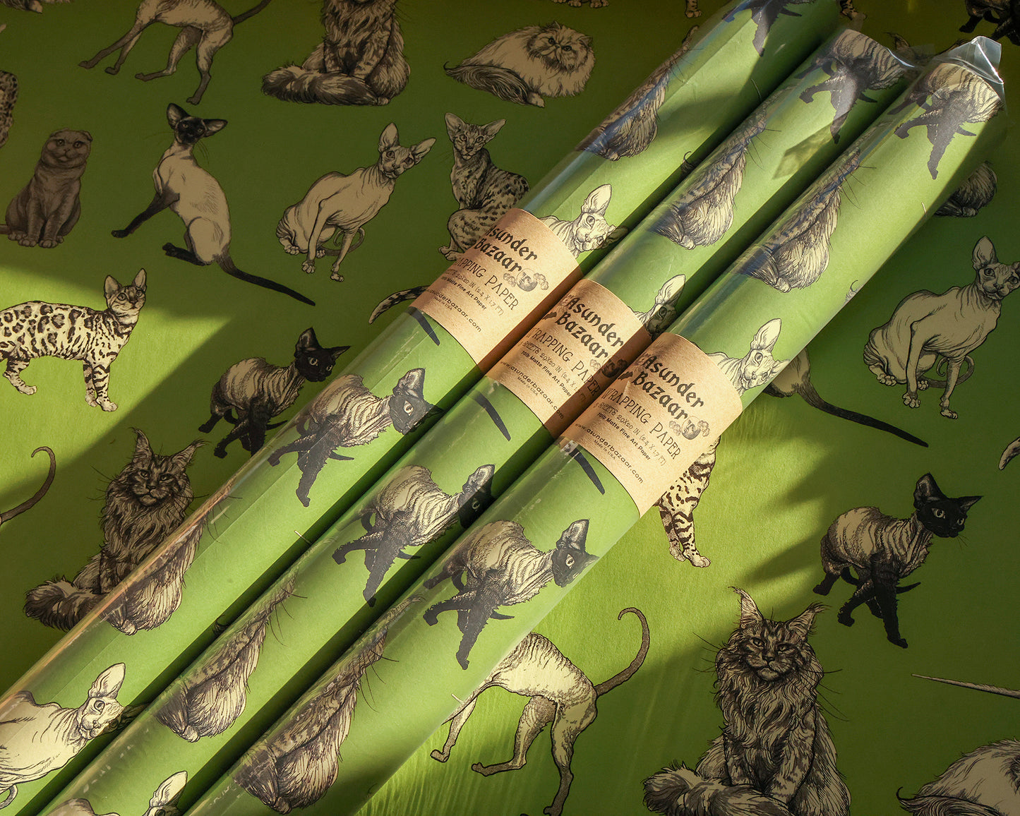 Illustrated Cat Breeds on Green Wrapping Paper 3 Sheet Roll