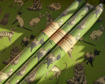 Illustrated Cat Breeds on Green Wrapping Paper 3 Sheet Roll