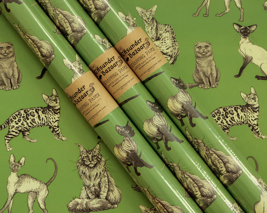 Illustrated Cat Breeds on Green Wrapping Paper 3 Sheet Roll