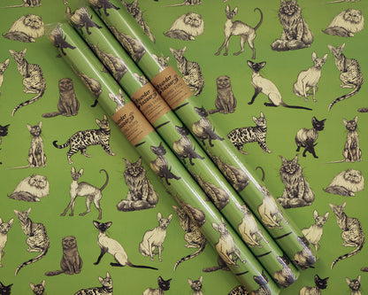 Illustrated Cat Breeds on Green Wrapping Paper 3 Sheet Roll