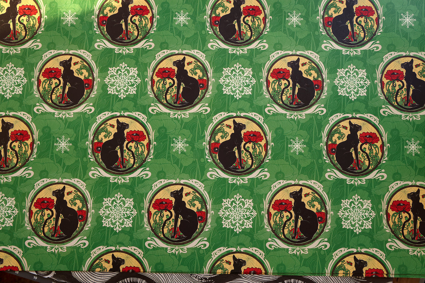 Chat Noir with Poppies Holiday Wrapping Paper 3 Sheet Roll