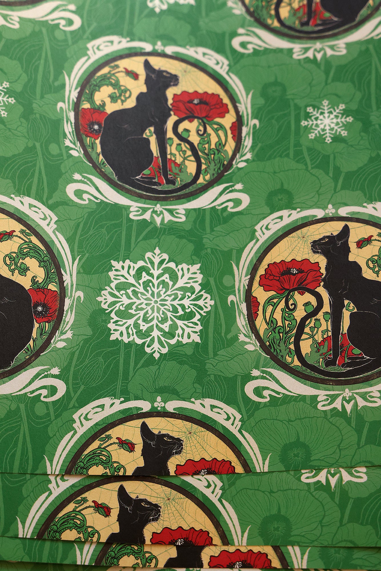 Chat Noir with Poppies Holiday Wrapping Paper 3 Sheet Roll