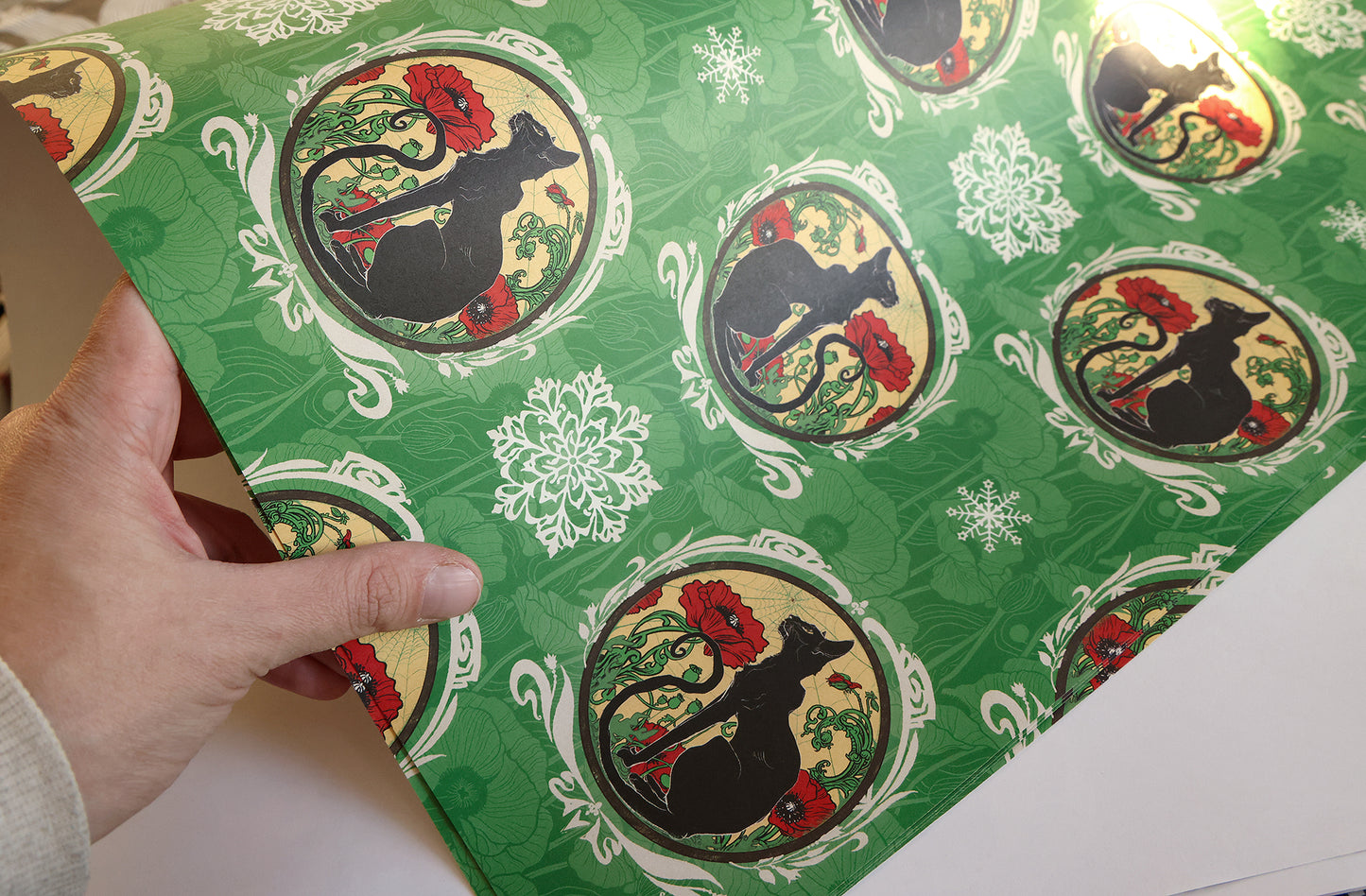 Chat Noir with Poppies Holiday Wrapping Paper 3 Sheet Roll