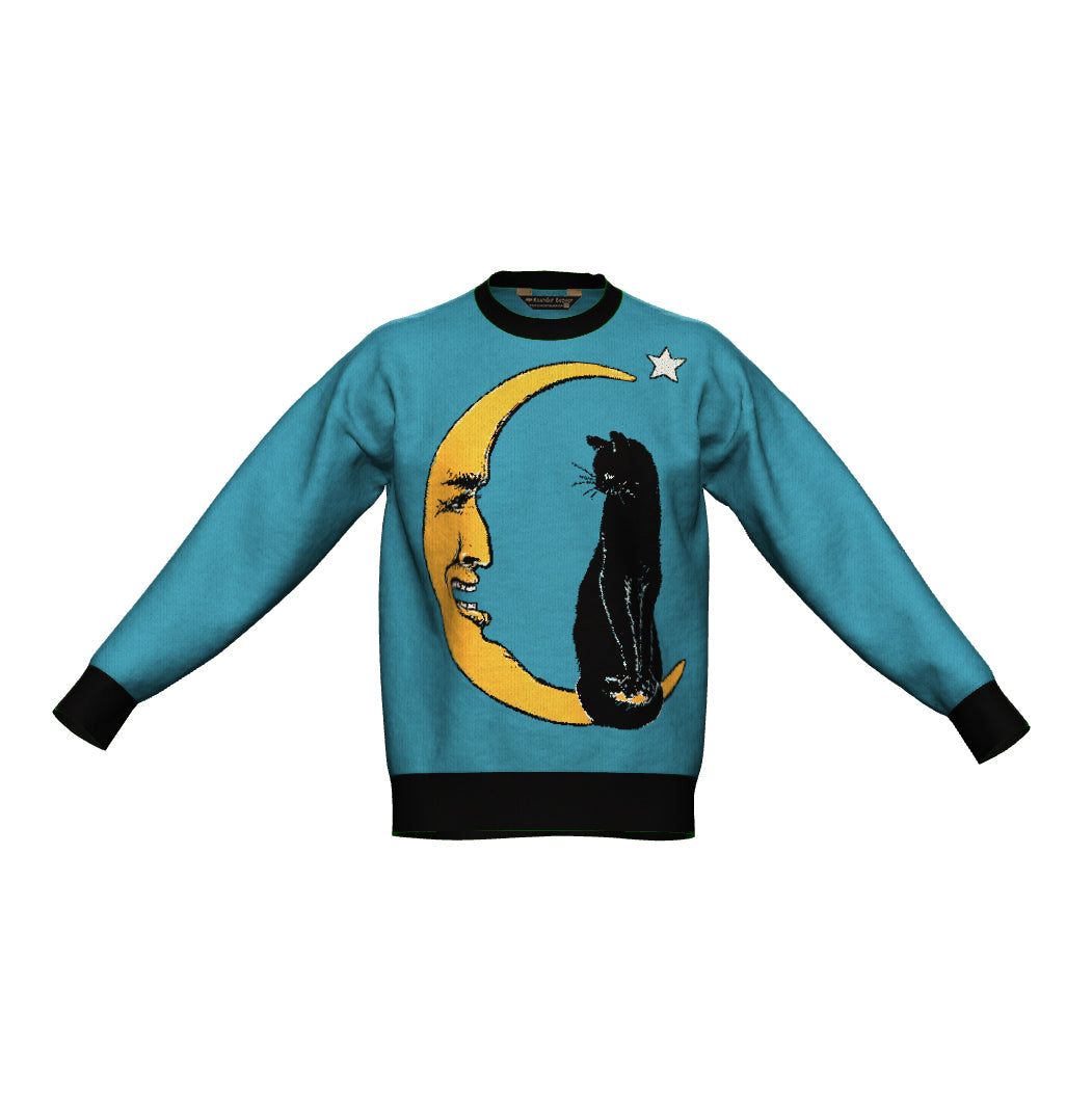 PRE-ORDER Black Cat Crescent Blue Oversized Crewneck Sweater Unisex Relaxed Fit Graphic Pullover