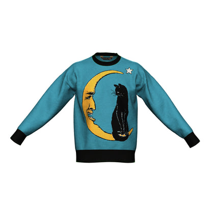 PRE-ORDER Black Cat Crescent Blue Oversized Crewneck Sweater Unisex Relaxed Fit Graphic Pullover