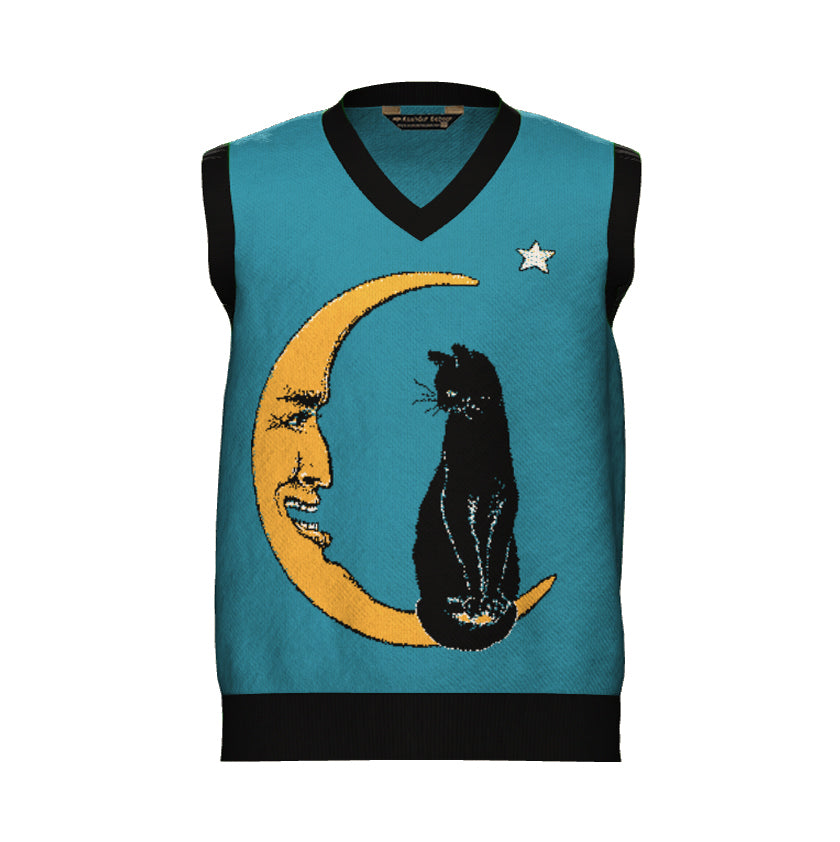 PRE-ORDER Black Cat Crescent Blue V Neck Sweater Vest Unisex Vintage Graphic