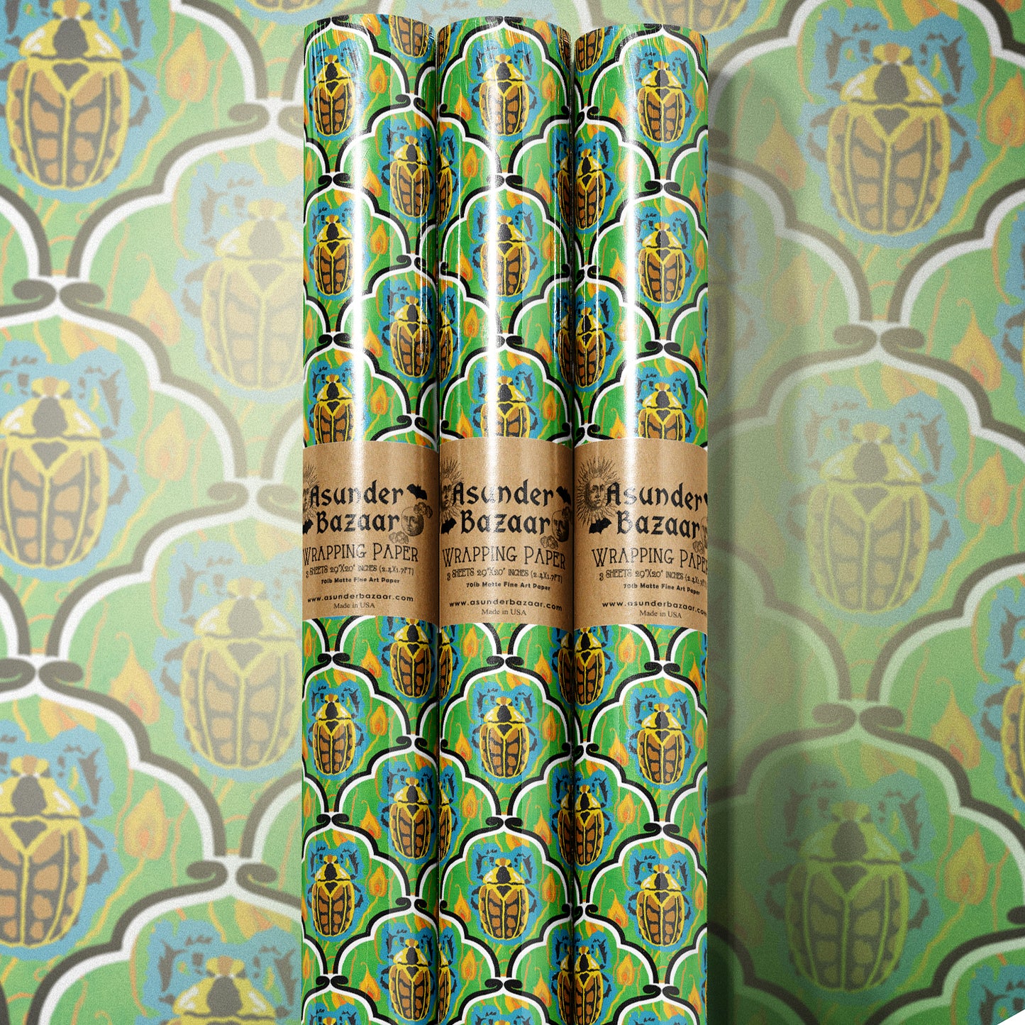 Art Deco Beetle on Green Wrapping Paper 3 Sheet Roll
