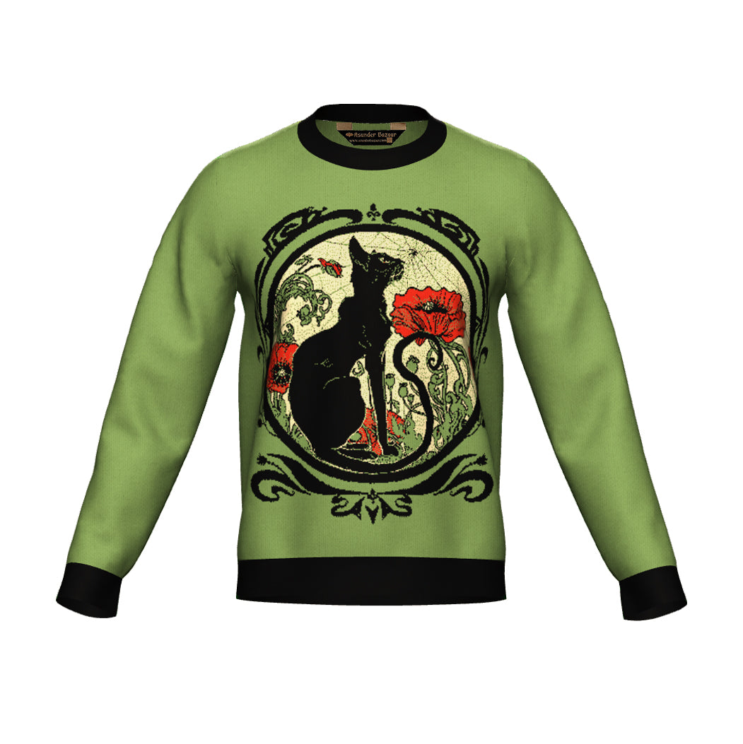 PRE-ORDER Chat Noir with Poppies Crewneck Sweater Unisex Classic Fit Graphic Pullover