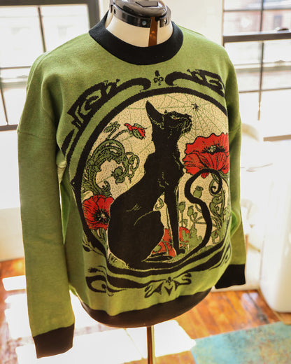 PRE-ORDER Chat Noir Green and Black Oversized Crewneck Sweater Unisex Relaxed Fit Graphic Pullover