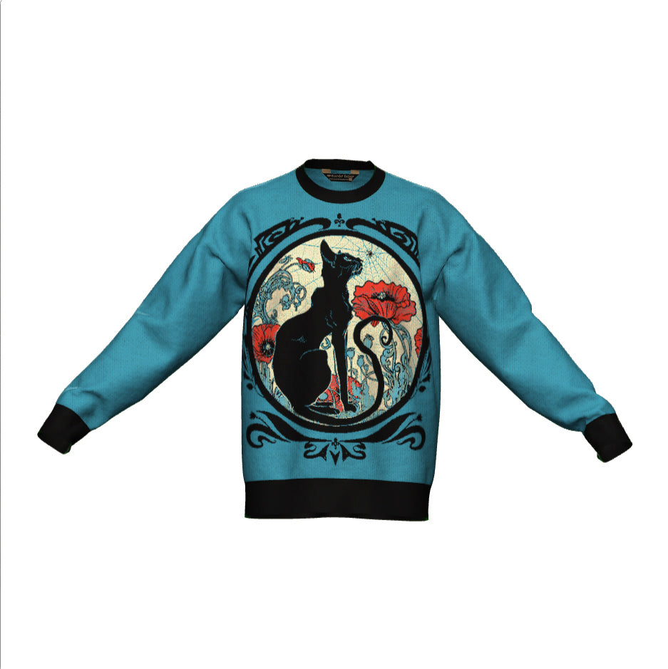 PRE-ORDER Chat Noir Blue Oversized Crewneck Sweater Unisex Relaxed Fit Graphic Pullover