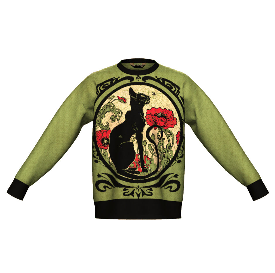 PRE-ORDER Chat Noir Green and Black Oversized Crewneck Sweater Unisex Relaxed Fit Graphic Pullover