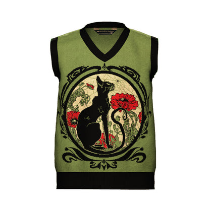 S IN STOCK AND READY TO SHIP Chat Noir with Poppies Green V Neck Sweater Vest Unisex Vintage Graphic